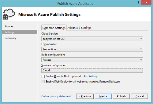 Azure Cloud Service Visual Studio Settings