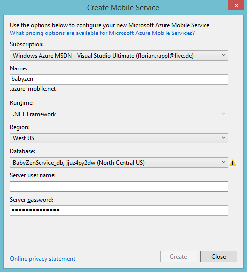 Microsoft Azure Mobile Services Visual Studio Configuration