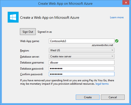 Microsoft Azure SQL Visual Studio Create