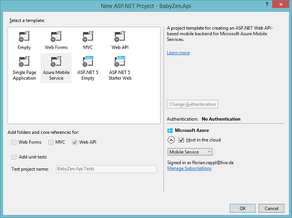 Microsoft Azure Mobile Services Visual Studio Project