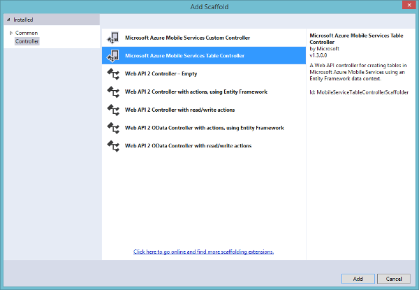 Microsoft Azure Mobile Service Add Table Controller