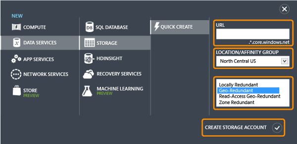 Microsoft Azure Storage Create Portal