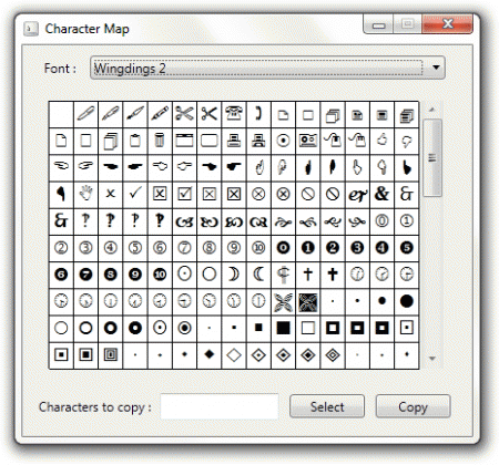 wingdings 2 character map