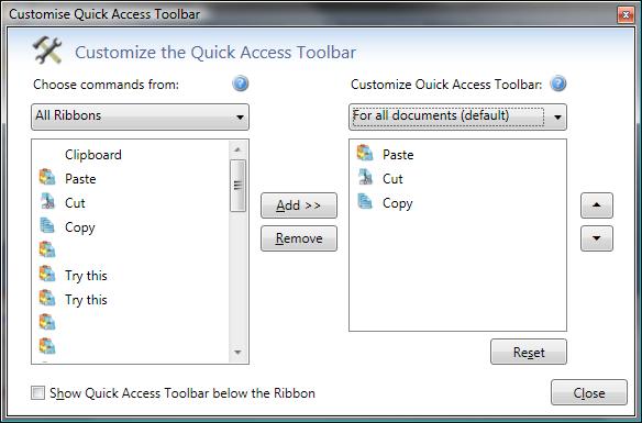 Quick Access Toolbar - Customize
