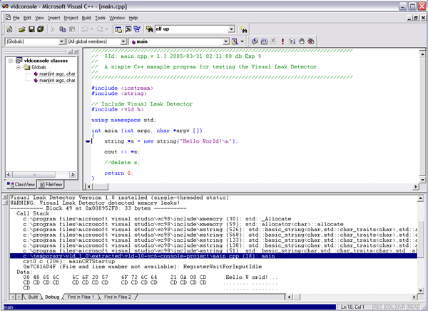 Screenshot of Visual Studio 6.0 
with Visual Leak Detector's memory leak report displayed.