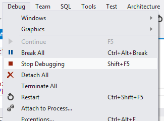 stop debugging - visual studio