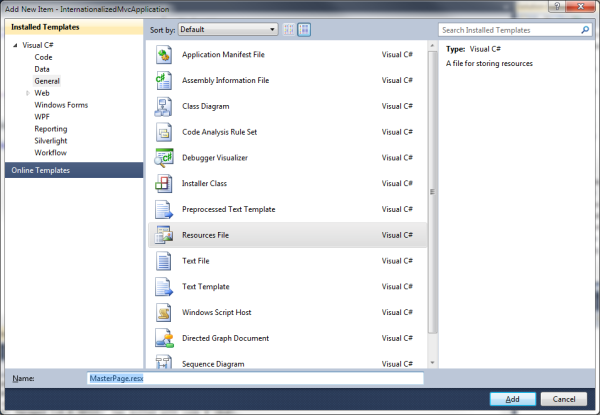 Adding a resource file: Select the General Tab then Resource File