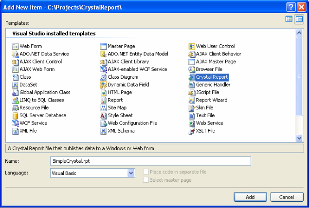 net to report crystal add asp