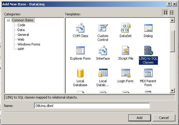 Add New LINQ to SQL Class