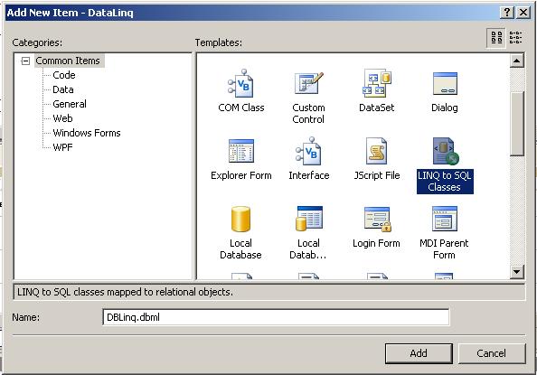 Add New LINQ to SQL Class 