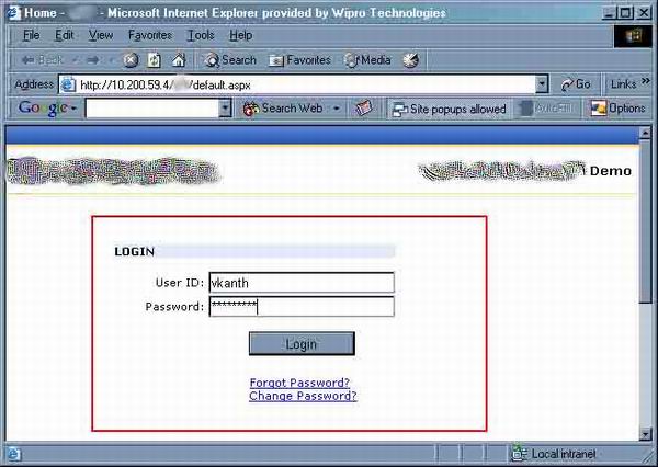 A typical Login screen running at a Sharepoint Site