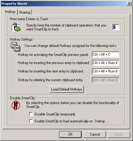 Snapshot of the SmartClip settings dialog