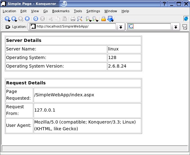 The SimplePage.aspx file displaying the server and request details.