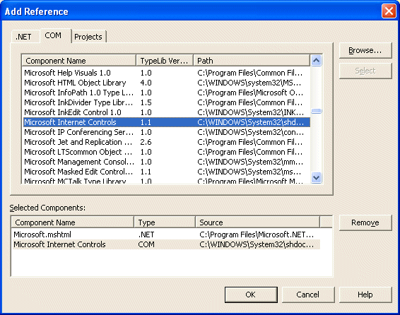Select the Microsoft Internet Controls COM object