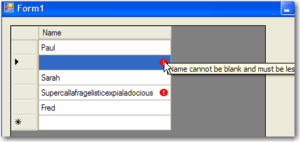 An image of a DataGridView bound to some business objects that implement IDataErrorInfo.