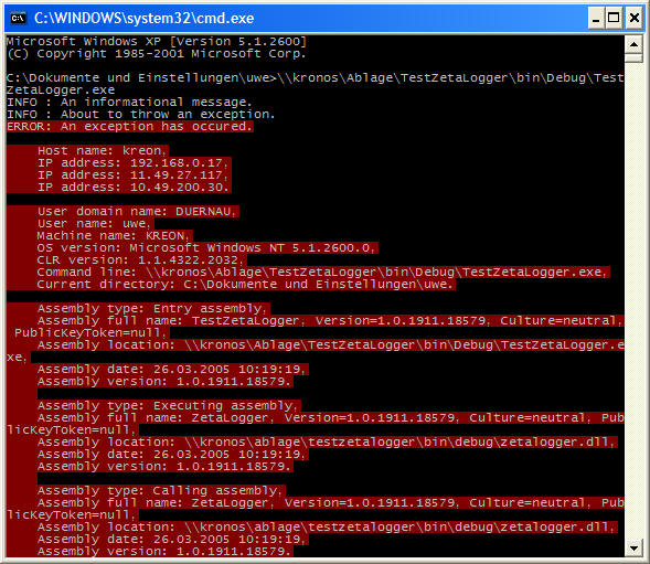 An example logging output inside a console window