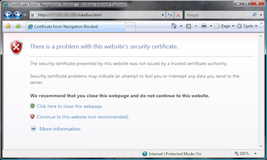 Silver JukeBox Client - Invalid certificate warning in Internet Explorer
