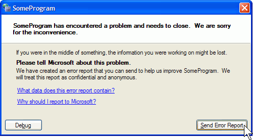 Caixa de diálogo de envio de informações de erro do Windows