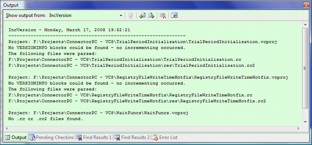 VC8 - no VERSIONINFO block found warnings and no resource files found warning in the IncVersion pane of the Output window