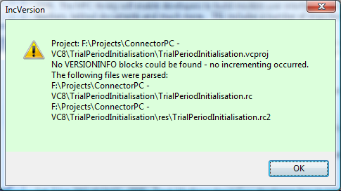 VC8 - no VERSIONINFO block found warning message