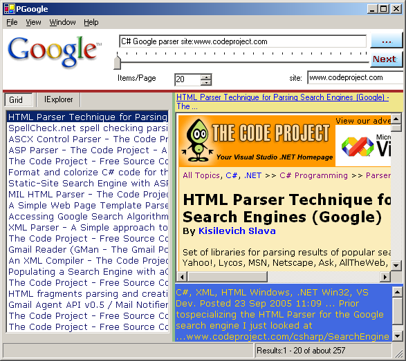 PGoogle in action, searching for Google Parsers in CodeProject