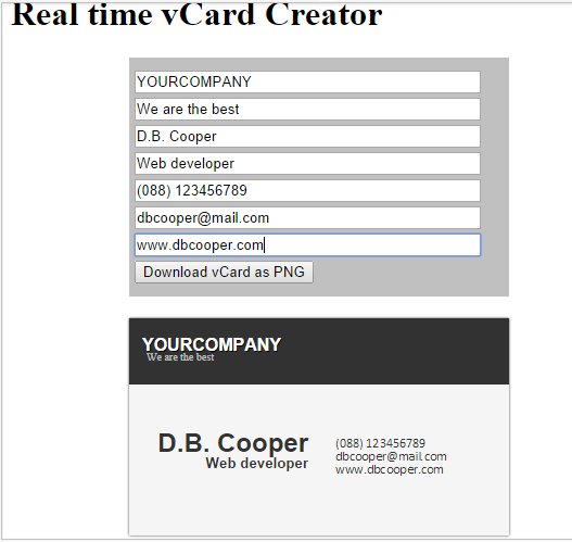 Screenshot of vCard creator