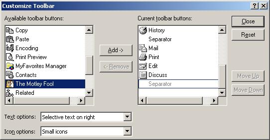 Figure 12. Customize Toolbar - Available Toolbar Buttons.