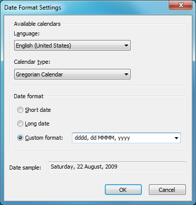 date icon. Date string format window: