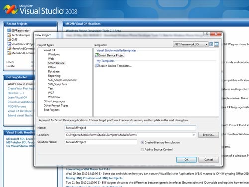 1. Create a new Smart Device project in Microsoft Visual Studio 2008