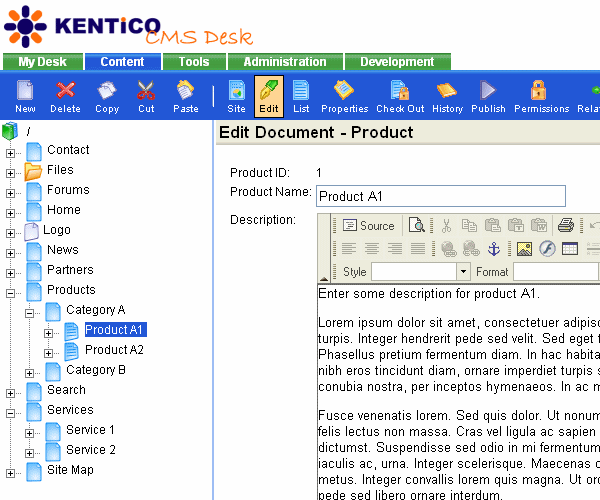 Kentico CMS for .NET provides a powerful content management interface.