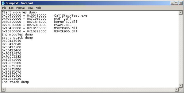 Dump.txt logged by CallStackTest.exe demo program