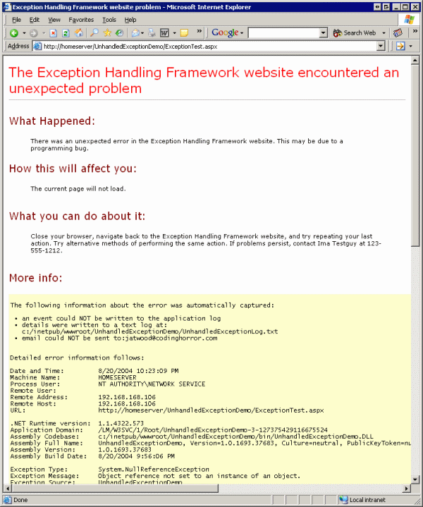 screenshot of custom unhandled exception web page