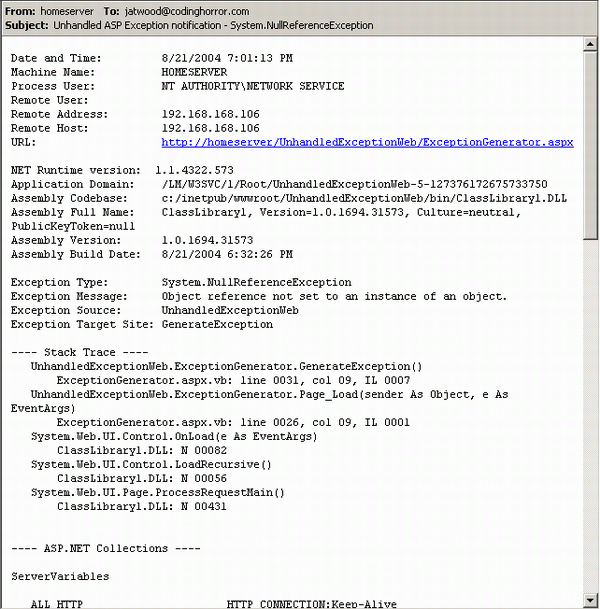 screenshot of automatic exception email