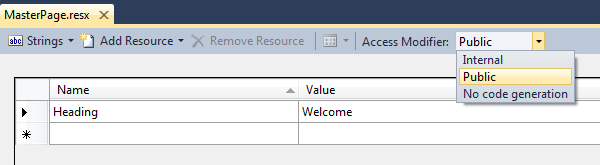 The contents of the resx file: a name 'Heading' with a value 'Welcome'