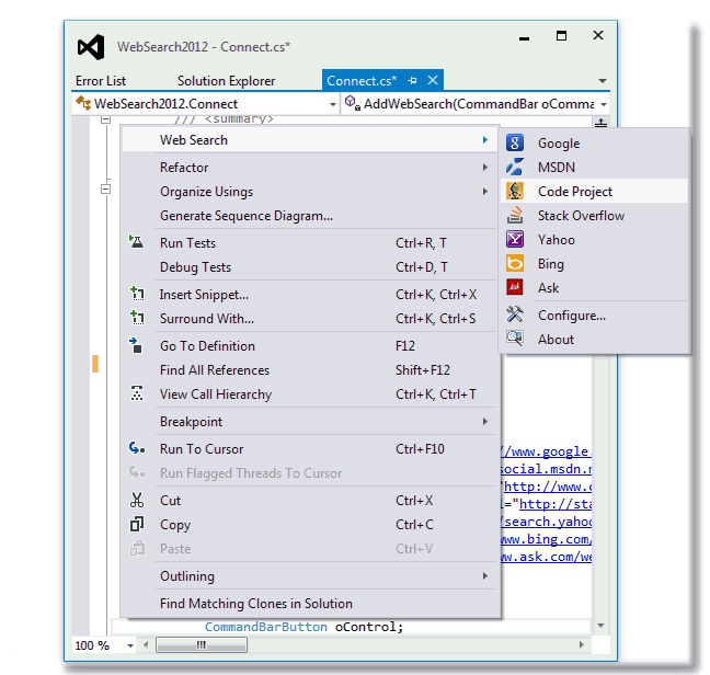 Web Search - Visual Studio Add-in, Search (Google, Yahoo, MSDN, Code  Project, Stack Overflow and more...) for the Selected Text/Item -  CodeProject