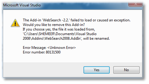 Visual Studio Add-in Troubleshooting, Error Number 80131500 - Shemeer