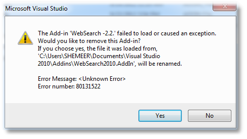 Visual Studio Add-in Troubleshooting, Error Number 80131522 - Shemeer