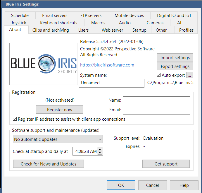 Blue Iris Settings Panel