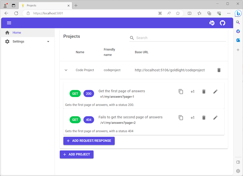 Application runninng, complete with projects that have been added by the request response pairs route.