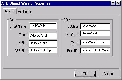 The ATL Object Wizard Properties dialog with the Names tab filled in.