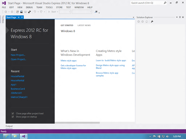 Visual Studio 2012 - Start Page