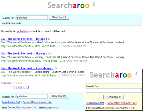 Sample image of Searcharoo: shows both the 'initial page' (bottom right) and the results view