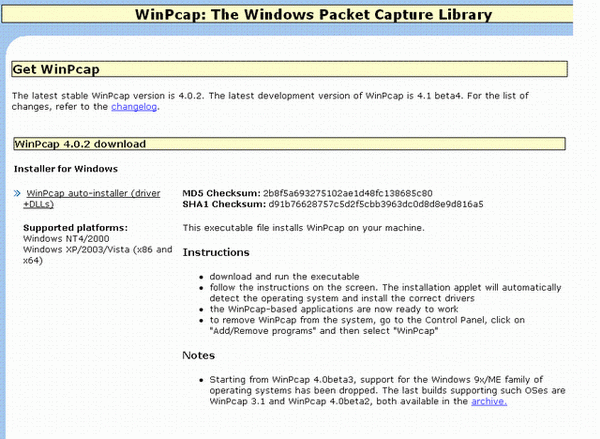 winpcap error npf driver