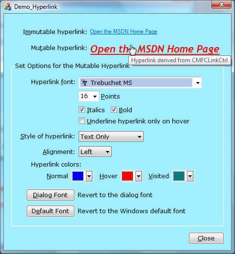 Screen shot of MFC Hyperlink demo program