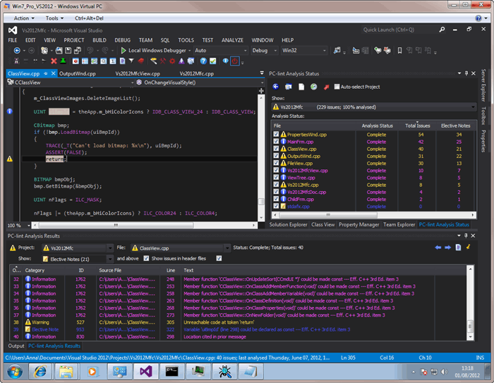 Visual Lint running with the Visual Studio 2012 RC dark theme