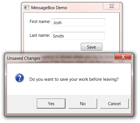 The application showing a message box when the user tries to close the window but there are unsaved changes.