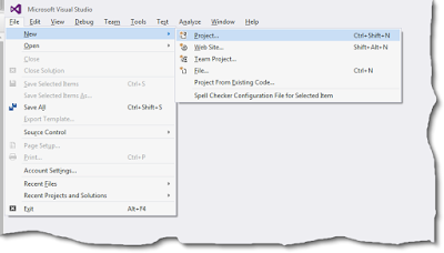 Cropped image from Visual Studio 2015 Update 1 showing the File menu with the New sub menu expanded and the Project menu item highlighted.