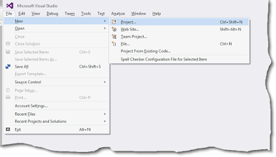 Visual Studio 2015 File -> New -> Project menu Cropped image from Visual Studio 2015 Update 1 showing the File menu with the New sub menu expanded and the Project menu item highlighted.