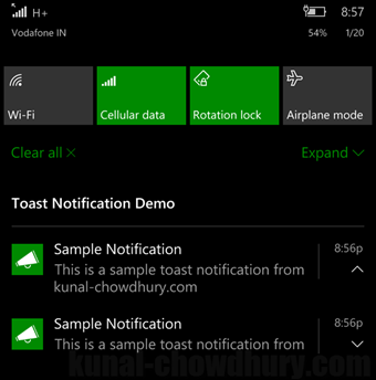 Windows 10 Universal App - Toast Notifications in Notification Center (www.kunal-chowdhury.com)