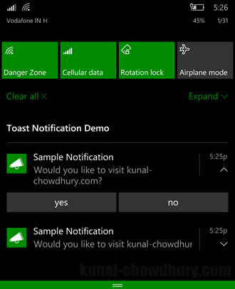 Windows 10 Universal App - Toast Notifications in Notification Center (www.kunal-chowdhury.com)